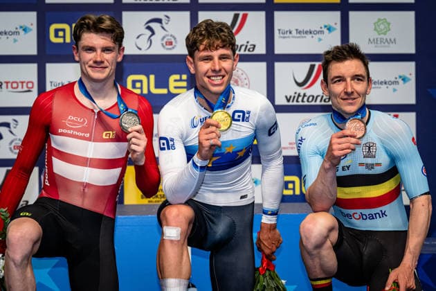 HAUGSTED Conrad, TEUTENBERG Tim Torn, DE BUYST Jasper: UEC Track cycling, Rad, Radsport, Bahnrad, Bahn European Championships Konya 2026 HAUGSTED Conrad ( DEN ) Denmark Second Place - TEUTENBERG Tim Torn ( GER ) Germany Winner - First Place DE BUYST Jasper ( BEL ) Belgium Third Place - Award Ceremony - Medal Ceremony - Podium - Querformat - quer - horizontal - Landscape - Event Veranstaltung: UEC Track Cycling European Championships 2026 - Category Kategorie: Cycling - Track Cycling European Championships - Location Ort: Asia - Turkey - Türkiye - Konya - Discipline: Points Race - Category: Elite Men - Distance: 40 km - Date Datum: 02.02.2026 Monday Day 2 -