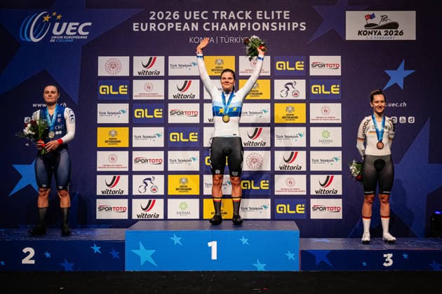 BERTEAU Victoire, KOPECKY Lotte, TEUTENBERG Lea Lin: UEC Track cycling, Rad, Radsport, Bahnrad, Bahn European Championships Konya 2026 BERTEAU Victoire ( FRA ) - France Second Place - KOPECKY Lotte ( BEL ) Belgium Winner - First Place - TEUTENBERG Lea Lin ( GER ) - Germany Third Place Award Ceremony - Medal Ceremony - Podium - Querformat - quer - horizontal - Landscape - Event Veranstaltung: UEC Track Cycling European Championships 2026 - Category Kategorie: Cycling - Track Cycling European Championships - Location Ort: Asia - Turkey - Türkiye - Konya - Discipline: Elimination Race - Category: Elite Women - Distance: ... m - Date Datum: 02.02.2026 Monday Day 2 -
