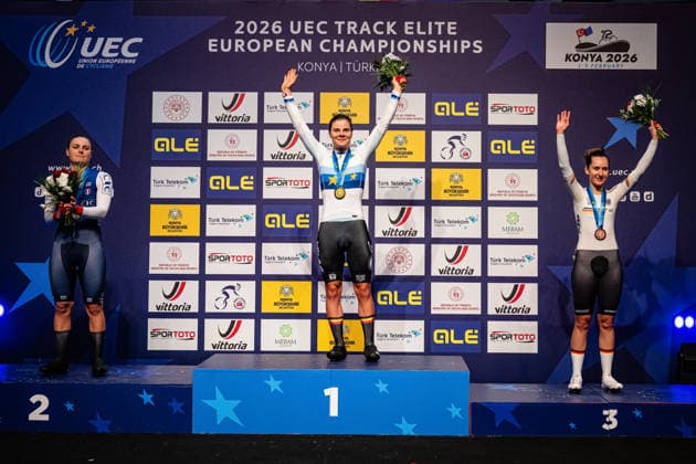 BERTEAU Victoire, KOPECKY Lotte, TEUTENBERG Lea Lin: UEC Track cycling, Rad, Radsport, Bahnrad, Bahn European Championships Konya 2026 BERTEAU Victoire ( FRA ) - France Second Place - KOPECKY Lotte ( BEL ) Belgium Winner - First Place - TEUTENBERG Lea Lin ( GER ) - Germany Third Place Award Ceremony - Medal Ceremony - Podium - Querformat - quer - horizontal - Landscape - Event Veranstaltung: UEC Track Cycling European Championships 2026 - Category Kategorie: Cycling - Track Cycling European Championships - Location Ort: Asia - Turkey - Türkiye - Konya - Discipline: Elimination Race - Category: Elite Women - Distance: ... m - Date Datum: 02.02.2026 Monday Day 2 -