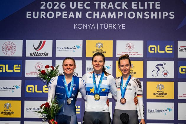 BERTEAU Victoire, KOPECKY Lotte, TEUTENBERG Lea Lin: UEC Track cycling, Rad, Radsport, Bahnrad, Bahn European Championships Konya 2026 BERTEAU Victoire ( FRA ) - France Second Place - KOPECKY Lotte ( BEL ) Belgium Winner - First Place - TEUTENBERG Lea Lin ( GER ) - Germany Third Place Award Ceremony - Medal Ceremony - Podium - Querformat - quer - horizontal - Landscape - Event Veranstaltung: UEC Track Cycling European Championships 2026 - Category Kategorie: Cycling - Track Cycling European Championships - Location Ort: Asia - Turkey - Türkiye - Konya - Discipline: Elimination Race - Category: Elite Women - Distance: ... m - Date Datum: 02.02.2026 Monday Day 2 -