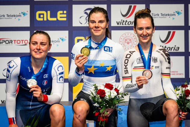 BERTEAU Victoire, KOPECKY Lotte, TEUTENBERG Lea Lin: UEC Track cycling, Rad, Radsport, Bahnrad, Bahn European Championships Konya 2026 BERTEAU Victoire ( FRA ) - France Second Place - KOPECKY Lotte ( BEL ) Belgium Winner - First Place - TEUTENBERG Lea Lin ( GER ) - Germany Third Place Award Ceremony - Medal Ceremony - Podium - Querformat - quer - horizontal - Landscape - Event Veranstaltung: UEC Track Cycling European Championships 2026 - Category Kategorie: Cycling - Track Cycling European Championships - Location Ort: Asia - Turkey - Türkiye - Konya - Discipline: Elimination Race - Category: Elite Women - Distance: ... m - Date Datum: 02.02.2026 Monday Day 2 -