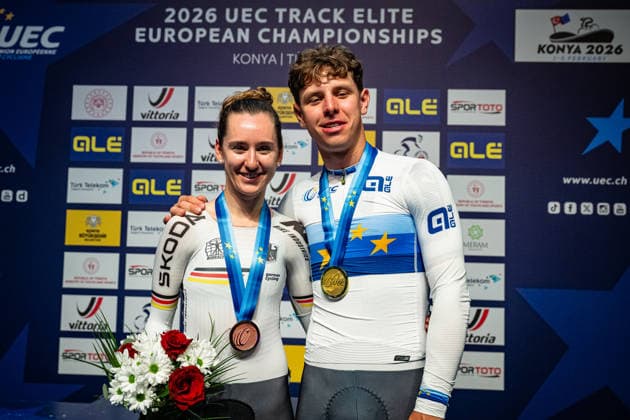 TEUTENBERG Lea Lin, TEUTENBERG Tim Torn: UEC Track cycling, Rad, Radsport, Bahnrad, Bahn European Championships Konya 2026 TEUTENBERG Lea Lin ( GER ) - Germany Third Place TEUTENBERG Tim Torn ( GER ) Germany Winner - First Place - Award Ceremony - Medal Ceremony - Podium - Querformat - quer - horizontal - Landscape - Event Veranstaltung: UEC Track Cycling European Championships 2026 - Category Kategorie: Cycling - Track Cycling European Championships - Location Ort: Asia - Turkey - Türkiye - Konya - Discipline: Elimination Race - Category: Elite Women - Distance: ... m - Date Datum: 02.02.2026 Monday Day 2 -