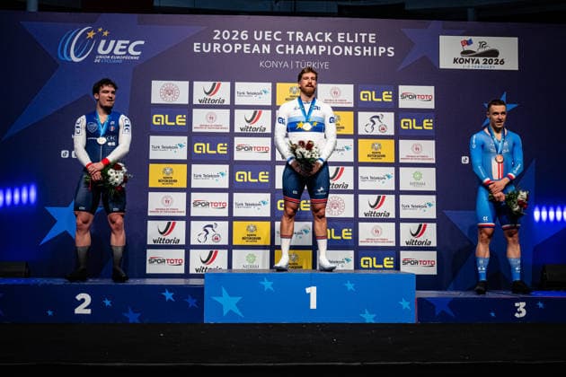 OLIVIERO Etienne, TRUMAN Joseph, PETERKA David: UEC Track cycling, Rad, Radsport, Bahnrad, Bahn European Championships Konya 2026 OLIVIERO Etienne ( FRA ) France Second Place - TRUMAN Joseph ( GBR ) Great Britain Winner - First Place PETERKA David ( CZE ) Czech Republic Third Place - Award Ceremony - Medal Ceremony - Podium - Querformat - quer - horizontal - Landscape - Event Veranstaltung: UEC Track Cycling European Championships 2026 - Category Kategorie: Cycling - Track Cycling European Championships - Location Ort: Asia - Turkey - Türkiye - Konya - Discipline: Individual Time Trail - Category: Elite Men - Distance: 1000 m - Date Datum: 02.02.2026 Monday Day 2 -