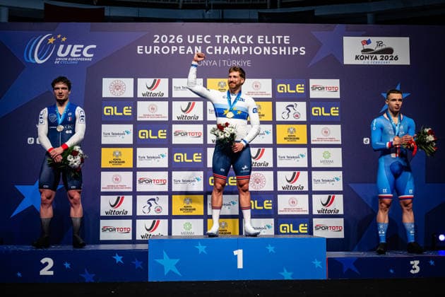 OLIVIERO Etienne, TRUMAN Joseph, PETERKA David: UEC Track cycling, Rad, Radsport, Bahnrad, Bahn European Championships Konya 2026 OLIVIERO Etienne ( FRA ) France Second Place - TRUMAN Joseph ( GBR ) Great Britain Winner - First Place PETERKA David ( CZE ) Czech Republic Third Place - Award Ceremony - Medal Ceremony - Podium - Querformat - quer - horizontal - Landscape - Event Veranstaltung: UEC Track Cycling European Championships 2026 - Category Kategorie: Cycling - Track Cycling European Championships - Location Ort: Asia - Turkey - Türkiye - Konya - Discipline: Individual Time Trail - Category: Elite Men - Distance: 1000 m - Date Datum: 02.02.2026 Monday Day 2 -