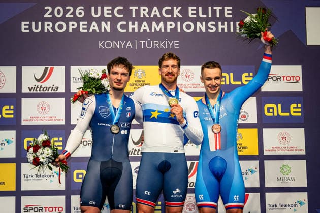 OLIVIERO Etienne, TRUMAN Joseph, PETERKA David: UEC Track cycling, Rad, Radsport, Bahnrad, Bahn European Championships Konya 2026 OLIVIERO Etienne ( FRA ) France Second Place - TRUMAN Joseph ( GBR ) Great Britain Winner - First Place PETERKA David ( CZE ) Czech Republic Third Place - Award Ceremony - Medal Ceremony - Podium - Querformat - quer - horizontal - Landscape - Event Veranstaltung: UEC Track Cycling European Championships 2026 - Category Kategorie: Cycling - Track Cycling European Championships - Location Ort: Asia - Turkey - Türkiye - Konya - Discipline: Individual Time Trail - Category: Elite Men - Distance: 1000 m - Date Datum: 02.02.2026 Monday Day 2 -