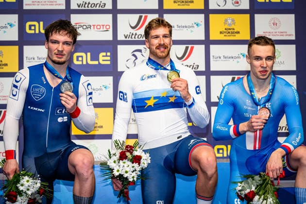 OLIVIERO Etienne, TRUMAN Joseph, PETERKA David: UEC Track cycling, Rad, Radsport, Bahnrad, Bahn European Championships Konya 2026 OLIVIERO Etienne ( FRA ) France Second Place - TRUMAN Joseph ( GBR ) Great Britain Winner - First Place PETERKA David ( CZE ) Czech Republic Third Place - Award Ceremony - Medal Ceremony - Podium - Querformat - quer - horizontal - Landscape - Event Veranstaltung: UEC Track Cycling European Championships 2026 - Category Kategorie: Cycling - Track Cycling European Championships - Location Ort: Asia - Turkey - Türkiye - Konya - Discipline: Individual Time Trail - Category: Elite Men - Distance: 1000 m - Date Datum: 02.02.2026 Monday Day 2 -