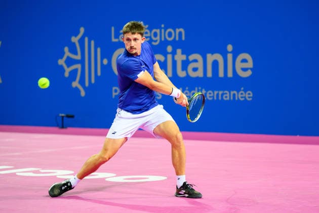 February 2, 2026, Perols, Montpellier, Occitanie, France: Ugo Blanchet of France delivers a back hand shot during his match against Titouan DROGUET at Open dÃ¢â‚¬â ¢Occitanie on February 2, 2026, at Sud de France Arena in Montpellier, France. Perols, Montpellier France - ZUMAc313 20260202_zsp_c313_002 Copyright: xFaresxChafaix