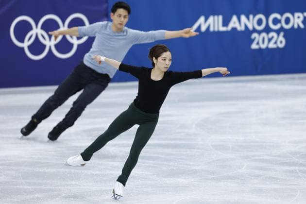Milan Cortina Winter Olympics Japanese pair Riku Miura (R) and Ryuichi Kihara take part in an official training session for Figure skating, Eiskunstlauf in Milan on Feb. 2, 2026, ahead of the upcoming Milan Cortina Winter Olympics.  A14AA0005241364P
