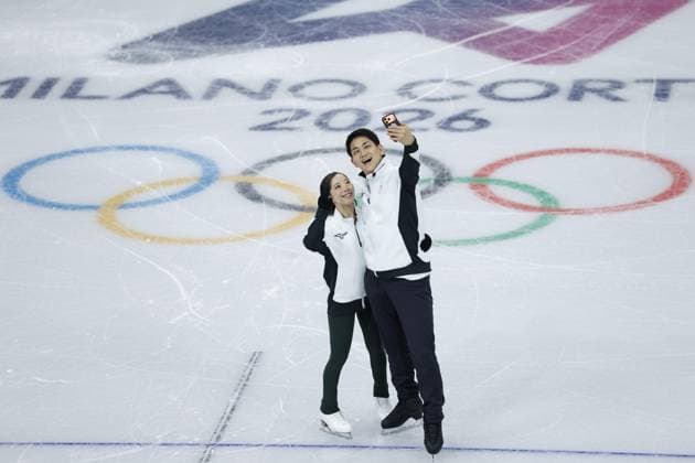 Milan Cortina Winter Olympics Japanese pair Riku Miura (L) and Ryuichi Kihara take a selfie during an official training session for Figure skating, Eiskunstlauf in Milan on Feb. 2, 2026, ahead of the upcoming Milan Cortina Winter Olympics.  A14AA0005241366P