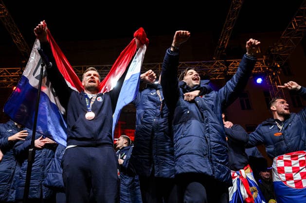 (260203) -- ZAGREB, Feb. 3, 2026 -- Croatia s handball team members are seen during the ceremonial welcome for the Croatian Handball Team players in Zagreb, Croatia on Feb. 2, 2026. Croatia won the bronze medal at the 2026 EHF European Men s Handball Championship. (Photo by PIXSELL via Xinhua) (SP)CROATIA-ZAGREB-HANDBALL-WELCOME-CEREMONY MarkoxLukunic 