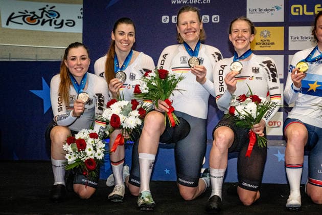 KLEIN Lisa, SÜßEMILCH Laura, KRÖGER Mieke, BRAUßE Franziska: UEC Track cycling, Rad, Radsport, Bahnrad, Bahn European Championships Konya 2026 KLEIN Lisa - SÜßEMILCH Laura - KRÖGER Mieke - BRAUßE Franziska ( GER ) Germany Second Place - Award Ceremony - Medal Ceremony - Podium - Querformat - quer - horizontal - Landscape - Event Veranstaltung: UEC Track Cycling European Championships 2026 - Category Kategorie: Cycling - Track Cycling European Championships - Location Ort: Asia - Turkey - Türkiye - Konya - Discipline: Team Pursuit - Category: Elite Women - Distance: 4000 m - Date Datum: 02.02.2026 Monday Day 2 -