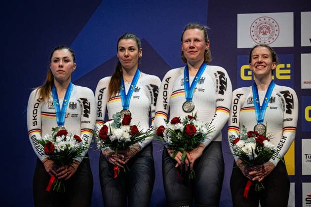 KLEIN Lisa, SÜßEMILCH Laura, KRÖGER Mieke, BRAUßE Franziska: UEC Track cycling, Rad, Radsport, Bahnrad, Bahn European Championships Konya 2026 KLEIN Lisa - SÜßEMILCH Laura - KRÖGER Mieke - BRAUßE Franziska ( GER ) Germany Second Place - Award Ceremony - Medal Ceremony - Podium - Querformat - quer - horizontal - Landscape - Event Veranstaltung: UEC Track Cycling European Championships 2026 - Category Kategorie: Cycling - Track Cycling European Championships - Location Ort: Asia - Turkey - Türkiye - Konya - Discipline: Team Pursuit - Category: Elite Women - Distance: 4000 m - Date Datum: 02.02.2026 Monday Day 2 -