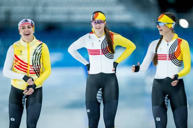 Isabelle Van Elst, Belgian Fran Vanhoutte and Belgian speed skater Sandrine Tas pictured in action during a training session in preparation of the Milano Cortina 2026 Olympic Winter games, Winterspiele,Spiele, Summer games on Tuesday 03 February 2026 in Milan, Italy. The Winter Olympics take place from 6 to 22 February 2026 in Italy. JASPERxJACOBS  x160710267x