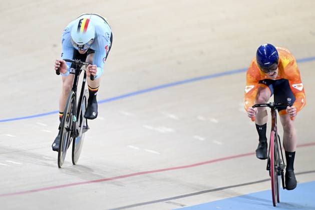 Belgian Lowie Nulens and Loris Leneman pictured in action during the men s Sprint 1 16 finals at day 3 of the 2026 UEC Track Elite European Championships, in Konya, Turkey, Tuesday 03 February 2026. The European Championships take place from 01 to 05 February 2026. DIRKxWAEM  x160710654x
