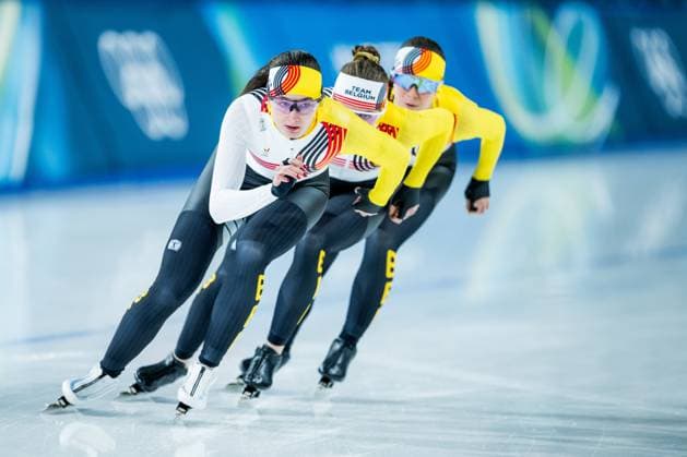 Belgian speed skater Sandrine Tas, Belgian speed skater Isabelle van Elst and Belgian Fran Vanhoutte pictured in action during a training session in preparation of the Milano Cortina 2026 Olympic Winter games, Winterspiele,Spiele, Summer games on Tuesday 03 February 2026 in Milan, Italy. The Winter Olympics take place from 6 to 22 February 2026 in Italy. JASPERxJACOBS  x160711356x