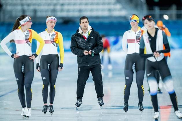 Belgian Fran Vanhoutte, Belgian speed skater Isabelle van Elst and Belgian speed skater Sandrine Tas pictured in action during a training session in preparation of the Milano Cortina 2026 Olympic Winter games, Winterspiele,Spiele, Summer games on Tuesday 03 February 2026 in Milan, Italy. The Winter Olympics take place from 6 to 22 February 2026 in Italy. JASPERxJACOBS  x160713570x