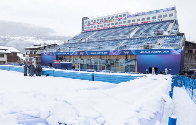 OLYMPICS - Winter Olympic Games, Olympische Spiele, Olympia, OS Milano Cortina 2026 BORMIO,ITALY,03.FEB.26 - OLYMPICS - Winter Olympic Games Milano Cortina 2026, preview. Image shows the grandstand and the commentator cabins.  GEPAxpictures xHaraldxSteiner