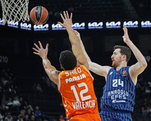 Anadolu Efes v Valencia Basket - EuroLeauge ISTANBUL, TURKIYE - FEBRUARY 3: Ercan Osmani (24) of Anadolu Efes in action against Neal Sako (12) of Valencia Basket during EuroLeauge week 26 basketball match between Anadolu Efes and Valencia Basket at Basketball Development Center in Istanbul, Turkiye on February 3, 2026. Esra Bilgin Anadolu Istanbul Turkey. Editorial use only. Please get in touch for any other usage.  Copyright: x2026xAnadoluxEsraxBilginx