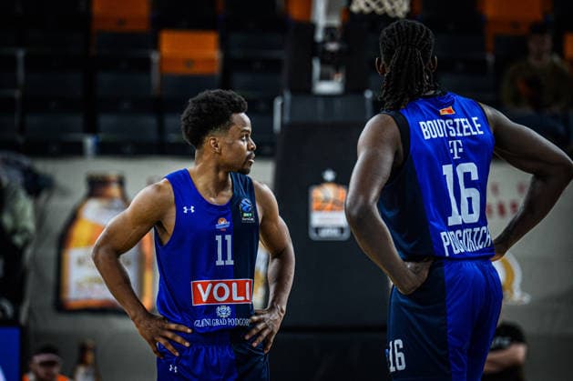 Yogi Ferrell (Buducnost VOLI Podgorica) und Jerry Boutsiele (Buducnost VOLI Podgorica) looks dejected during the Basketball Eurocup match between ratiopharm ulm and Buducnost VOLI Podgorica at ratiopharm Arena on February 3, 2026 in Neu Ulm, Germany. (Photo by Harry Langer DeFodi Images) -