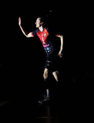 03.02.2026, Deutschland, Ludwigsburg, Volleyball Barock Volleys MTV Ludwigsburg vs. Haching München, Feature, Ben-Simon Bonin (LB) läuft ein