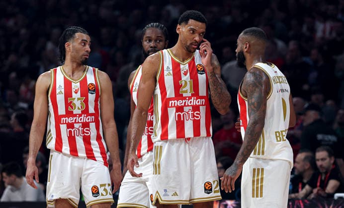 Crvena Zvezda v Hapoel, Euroleague basketball, season 2025 2026, round 26 Belgrade, Serbia. 3rd Feb, 2026. Crvena Zvezda s Jordan Nwora Crvena Zvezda s Joel Bolomboy Crvena Zvezda s Codi Miller-Mcintyre during Euroleague basketball match between Crvena Zvezda (Red Star) and Hapoel Tel Aviv on January 3. 2026. in Belgrade, Serbia. Belgrade Serbia Copyright: xPedjaxMilosavljevic STARSPORTx