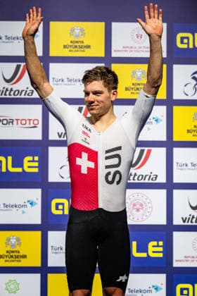 VOGEL Alex: UEC Track cycling, Rad, Radsport, Bahnrad, Bahn European Championships Konya 2026 VOGEL Alex ( SUI ) Switzerland Winner - First Place - Award Ceremony - Medal Ceremony - Podium - Hochformat - Hoch - Vertikal - Portrait - Event Veranstaltung: UEC Track Cycling European Championships 2026 - Category Kategorie: Cycling - Track Cycling European Championships - Location Ort: Asia - Türkiye - Konya - Discipline: Scratch - Category: Elite Men - Distance: 10 km - Date Datum: 03.02.2026 Tuesday Day 3 -
