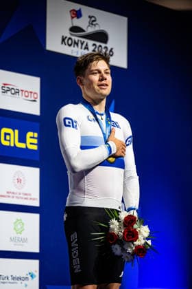 VOGEL Alex: UEC Track cycling, Rad, Radsport, Bahnrad, Bahn European Championships Konya 2026 VOGEL Alex ( SUI ) Switzerland Winner - First Place - Award Ceremony - Medal Ceremony - Podium - Hochformat - Hoch - Vertikal - Portrait - Event Veranstaltung: UEC Track Cycling European Championships 2026 - Category Kategorie: Cycling - Track Cycling European Championships - Location Ort: Asia - Türkiye - Konya - Discipline: Scratch - Category: Elite Men - Distance: 10 km - Date Datum: 03.02.2026 Tuesday Day 3 -