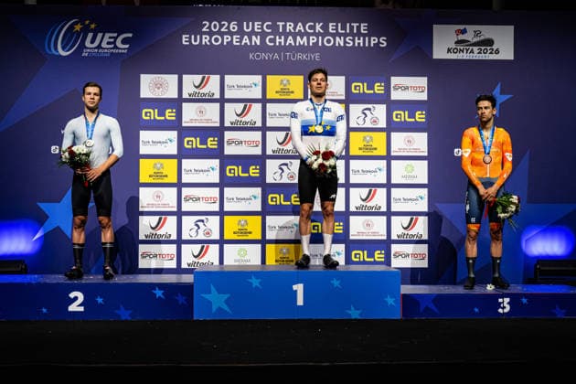 SAVEKIN Ilya, VOGEL Alex, HOPPEZAK Vincent: UEC Track cycling, Rad, Radsport, Bahnrad, Bahn European Championships Konya 2026 SAVEKIN Ilya ( RUS ) Russia Second Place - VOGEL Alex ( SUI ) Switzerland Winner - First Place - HOPPEZAK Vincent ( NED ) Netherlands Third Place Award Ceremony - Medal Ceremony - Podium - Querformat - quer - horizontal - Landscape - Event Veranstaltung: UEC Track Cycling European Championships 2026 - Category Kategorie: Cycling - Track Cycling European Championships - Location Ort: Asia - Türkiye - Konya - Discipline: Scratch - Category: Elite Men - Distance: 10 km - Date Datum: 03.02.2026 Tuesday Day 3 -