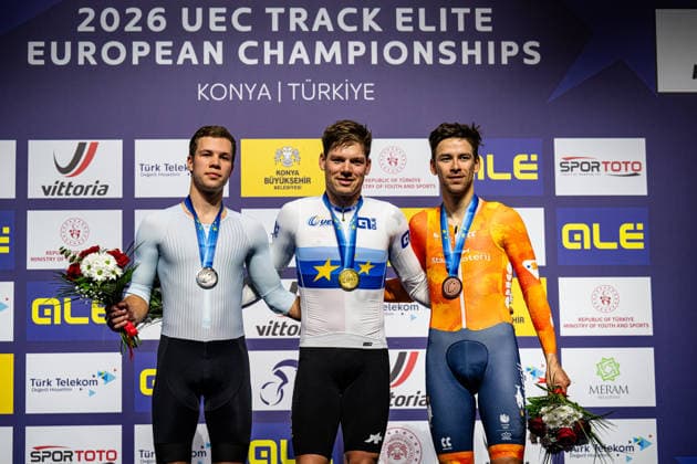SAVEKIN Ilya, VOGEL Alex, HOPPEZAK Vincent: UEC Track cycling, Rad, Radsport, Bahnrad, Bahn European Championships Konya 2026 SAVEKIN Ilya ( RUS ) Russia Second Place - VOGEL Alex ( SUI ) Switzerland Winner - First Place - HOPPEZAK Vincent ( NED ) Netherlands Third Place Award Ceremony - Medal Ceremony - Podium - Querformat - quer - horizontal - Landscape - Event Veranstaltung: UEC Track Cycling European Championships 2026 - Category Kategorie: Cycling - Track Cycling European Championships - Location Ort: Asia - Türkiye - Konya - Discipline: Scratch - Category: Elite Men - Distance: 10 km - Date Datum: 03.02.2026 Tuesday Day 3 -