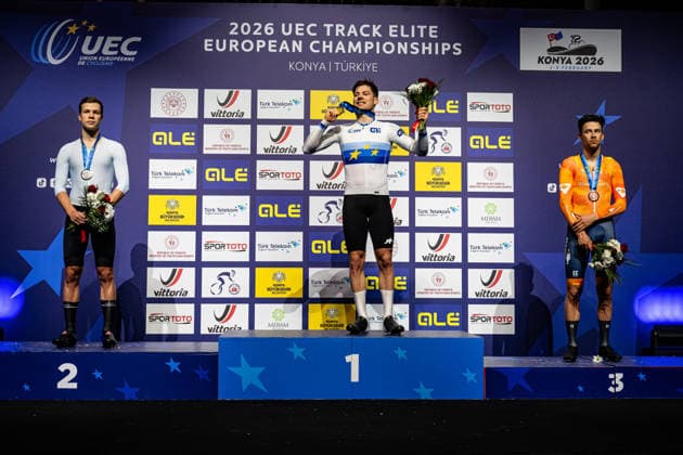 SAVEKIN Ilya, VOGEL Alex, HOPPEZAK Vincent: UEC Track cycling, Rad, Radsport, Bahnrad, Bahn European Championships Konya 2026 SAVEKIN Ilya ( RUS ) Russia Second Place - VOGEL Alex ( SUI ) Switzerland Winner - First Place - HOPPEZAK Vincent ( NED ) Netherlands Third Place Award Ceremony - Medal Ceremony - Podium - Querformat - quer - horizontal - Landscape - Event Veranstaltung: UEC Track Cycling European Championships 2026 - Category Kategorie: Cycling - Track Cycling European Championships - Location Ort: Asia - Türkiye - Konya - Discipline: Scratch - Category: Elite Men - Distance: 10 km - Date Datum: 03.02.2026 Tuesday Day 3 -