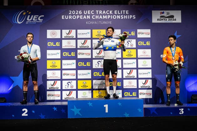 SAVEKIN Ilya, VOGEL Alex, HOPPEZAK Vincent: UEC Track cycling, Rad, Radsport, Bahnrad, Bahn European Championships Konya 2026 SAVEKIN Ilya ( RUS ) Russia Second Place - VOGEL Alex ( SUI ) Switzerland Winner - First Place - HOPPEZAK Vincent ( NED ) Netherlands Third Place Award Ceremony - Medal Ceremony - Podium - Querformat - quer - horizontal - Landscape - Event Veranstaltung: UEC Track Cycling European Championships 2026 - Category Kategorie: Cycling - Track Cycling European Championships - Location Ort: Asia - Türkiye - Konya - Discipline: Scratch - Category: Elite Men - Distance: 10 km - Date Datum: 03.02.2026 Tuesday Day 3 -