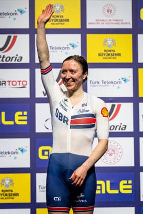 MORRIS Anna: UEC Track cycling, Rad, Radsport, Bahnrad, Bahn European Championships Konya 2026 MORRIS Anna ( GBR ) Great Britain Winner - First Place - Award Ceremony - Medal Ceremony - Podium - Hochformat - Hoch - Vertikal - Portrait - Event Veranstaltung: UEC Track Cycling European Championships 2026 - Category Kategorie: Cycling - Track Cycling European Championships - Location Ort: Asia - Türkiye - Konya - Discipline: Omnium - Points Race - Category: Elite Women - Distance: 20 km - Date Datum: 03.02.2026 Tuesday Day 3 -
