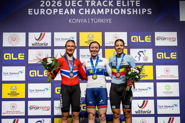 STENBERG Anita Yvonne, MORRIS Anna, BOSSUYT Shari: UEC Track cycling, Rad, Radsport, Bahnrad, Bahn European Championships Konya 2026 STENBERG Anita Yvonne ( NOR ) Norway Second Place - MORRIS Anna ( GBR ) Great Britain Winner - First Place - BOSSUYT Shari ( BEL ) Belgium Third Place Award Ceremony - Medal Ceremony - Podium - Querformat - quer - horizontal - Landscape - Event Veranstaltung: UEC Track Cycling European Championships 2026 - Category Kategorie: Cycling - Track Cycling European Championships - Location Ort: Asia - Türkiye - Konya - Discipline: Omnium - Points Race - Category: Elite Women - Distance: 20 km - Date Datum: 03.02.2026 Tuesday Day 3 -