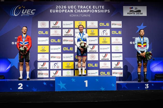 STENBERG Anita Yvonne, MORRIS Anna, BOSSUYT Shari: UEC Track cycling, Rad, Radsport, Bahnrad, Bahn European Championships Konya 2026 STENBERG Anita Yvonne ( NOR ) Norway Second Place - MORRIS Anna ( GBR ) Great Britain Winner - First Place - BOSSUYT Shari ( BEL ) Belgium Third Place Award Ceremony - Medal Ceremony - Podium - Querformat - quer - horizontal - Landscape - Event Veranstaltung: UEC Track Cycling European Championships 2026 - Category Kategorie: Cycling - Track Cycling European Championships - Location Ort: Asia - Türkiye - Konya - Discipline: Omnium - Points Race - Category: Elite Women - Distance: 20 km - Date Datum: 03.02.2026 Tuesday Day 3 -