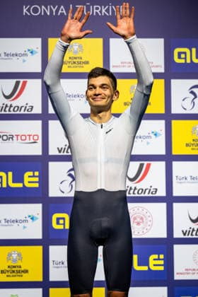 GONOV Lev: UEC Track cycling, Rad, Radsport, Bahnrad, Bahn European Championships Konya 2026 GONOV Lev ( RUS ) Russia Winner - First Place - Award Ceremony - Medal Ceremony - Podium - Hochformat - Hoch - Vertikal - Portrait - Event Veranstaltung: UEC Track Cycling European Championships 2026 - Category Kategorie: Cycling - Track Cycling European Championships - Location Ort: Asia - Türkiye - Konya - Discipline: Individual Pursuit - Category: Elite Men - Distance: 4000 m - Date Datum: 03.02.2026 Tuesday Day 3 -