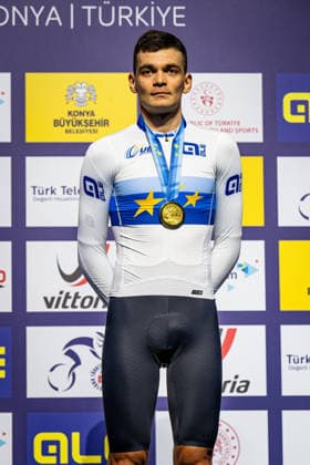GONOV Lev: UEC Track cycling, Rad, Radsport, Bahnrad, Bahn European Championships Konya 2026 GONOV Lev ( RUS ) Russia Winner - First Place - Award Ceremony - Medal Ceremony - Podium - Hochformat - Hoch - Vertikal - Portrait - Event Veranstaltung: UEC Track Cycling European Championships 2026 - Category Kategorie: Cycling - Track Cycling European Championships - Location Ort: Asia - Türkiye - Konya - Discipline: Individual Pursuit - Category: Elite Men - Distance: 4000 m - Date Datum: 03.02.2026 Tuesday Day 3 -