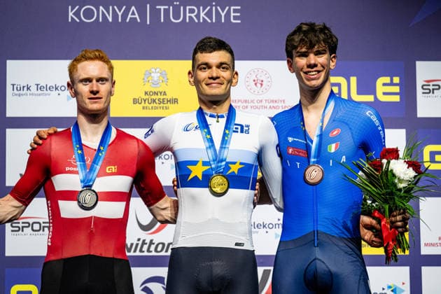 SKIVILD Juel Robin, GONOV Lev, FAVERO Renato: UEC Track cycling, Rad, Radsport, Bahnrad, Bahn European Championships Konya 2026 SKIVILD Juel Robin ( DEN ) Denmark Second Place - GONOV Lev ( RUS ) Russia Winner - First Place - FAVERO Renato ( ITA ) Italy Third Place Award Ceremony - Medal Ceremony - Podium - Querformat - quer - horizontal - Landscape - Event Veranstaltung: UEC Track Cycling European Championships 2026 - Category Kategorie: Cycling - Track Cycling European Championships - Location Ort: Asia - Türkiye - Konya - Discipline: Individual Pursuit - Category: Elite Men - Distance: 4000 m - Date Datum: 03.02.2026 Tuesday Day 3 -