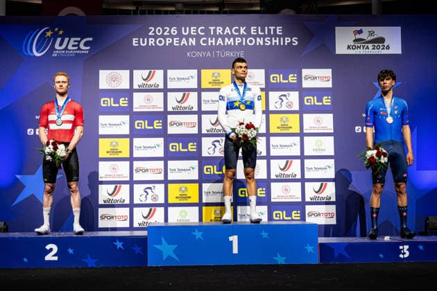 SKIVILD Juel Robin, GONOV Lev, FAVERO Renato: UEC Track cycling, Rad, Radsport, Bahnrad, Bahn European Championships Konya 2026 SKIVILD Juel Robin ( DEN ) Denmark Second Place - GONOV Lev ( RUS ) Russia Winner - First Place - FAVERO Renato ( ITA ) Italy Third Place Award Ceremony - Medal Ceremony - Podium - Querformat - quer - horizontal - Landscape - Event Veranstaltung: UEC Track Cycling European Championships 2026 - Category Kategorie: Cycling - Track Cycling European Championships - Location Ort: Asia - Türkiye - Konya - Discipline: Individual Pursuit - Category: Elite Men - Distance: 4000 m - Date Datum: 03.02.2026 Tuesday Day 3 -