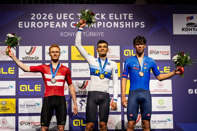 SKIVILD Juel Robin, GONOV Lev, FAVERO Renato: UEC Track cycling, Rad, Radsport, Bahnrad, Bahn European Championships Konya 2026 SKIVILD Juel Robin ( DEN ) Denmark Second Place - GONOV Lev ( RUS ) Russia Winner - First Place - FAVERO Renato ( ITA ) Italy Third Place Award Ceremony - Medal Ceremony - Podium - Querformat - quer - horizontal - Landscape - Event Veranstaltung: UEC Track Cycling European Championships 2026 - Category Kategorie: Cycling - Track Cycling European Championships - Location Ort: Asia - Türkiye - Konya - Discipline: Individual Pursuit - Category: Elite Men - Distance: 4000 m - Date Datum: 03.02.2026 Tuesday Day 3 -