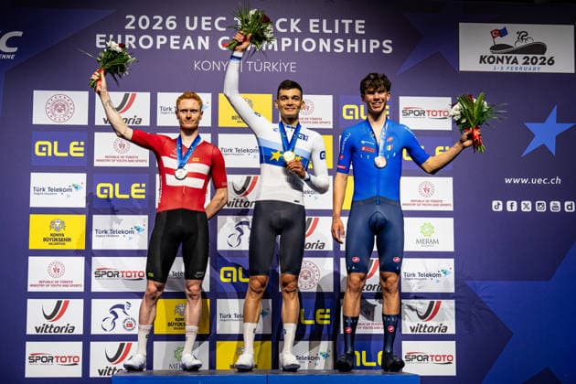 SKIVILD Juel Robin, GONOV Lev, FAVERO Renato: UEC Track cycling, Rad, Radsport, Bahnrad, Bahn European Championships Konya 2026 SKIVILD Juel Robin ( DEN ) Denmark Second Place - GONOV Lev ( RUS ) Russia Winner - First Place - FAVERO Renato ( ITA ) Italy Third Place Award Ceremony - Medal Ceremony - Podium - Querformat - quer - horizontal - Landscape - Event Veranstaltung: UEC Track Cycling European Championships 2026 - Category Kategorie: Cycling - Track Cycling European Championships - Location Ort: Asia - Türkiye - Konya - Discipline: Individual Pursuit - Category: Elite Men - Distance: 4000 m - Date Datum: 03.02.2026 Tuesday Day 3 -
