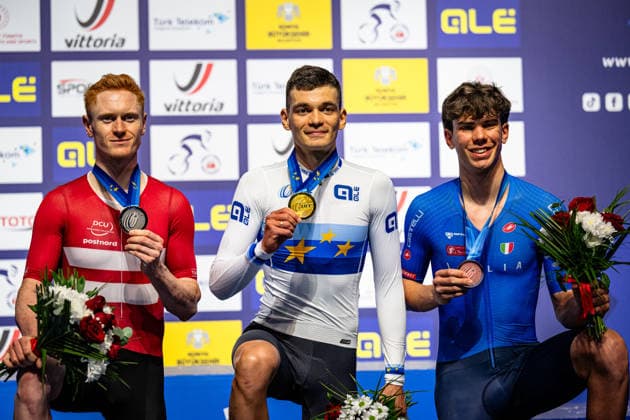 SKIVILD Juel Robin, GONOV Lev, FAVERO Renato: UEC Track cycling, Rad, Radsport, Bahnrad, Bahn European Championships Konya 2026 SKIVILD Juel Robin ( DEN ) Denmark Second Place - GONOV Lev ( RUS ) Russia Winner - First Place - FAVERO Renato ( ITA ) Italy Third Place Award Ceremony - Medal Ceremony - Podium - Querformat - quer - horizontal - Landscape - Event Veranstaltung: UEC Track Cycling European Championships 2026 - Category Kategorie: Cycling - Track Cycling European Championships - Location Ort: Asia - Türkiye - Konya - Discipline: Individual Pursuit - Category: Elite Men - Distance: 4000 m - Date Datum: 03.02.2026 Tuesday Day 3 -