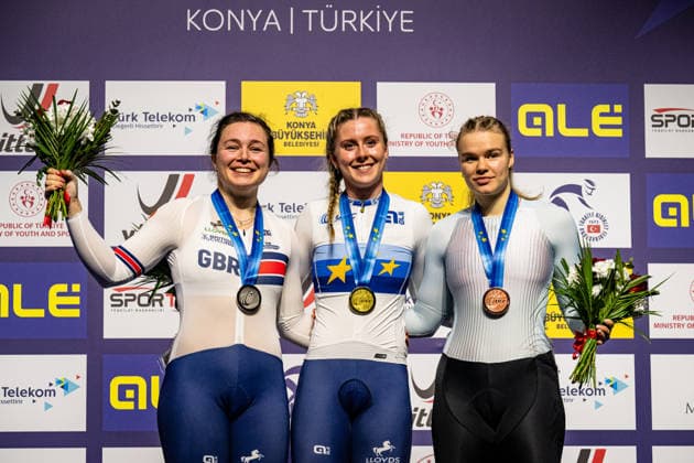 CAPEWELL Sophie, FINUCANE Emma, LYSENKO Alina: UEC Track cycling, Rad, Radsport, Bahnrad, Bahn European Championships Konya 2026 CAPEWELL Sophie ( GBR ) Great Britain Second Place - FINUCANE Emma ( GBR ) Great Britain Winner - First Place - LYSENKO Alina ( RUS ) - Russia Third Place Award Ceremony - Medal Ceremony - Podium - Querformat - quer - horizontal - Landscape - Event Veranstaltung: UEC Track Cycling European Championships 2026 - Category Kategorie: Cycling - Track Cycling European Championships - Location Ort: Asia - Türkiye - Konya - Discipline: Sprint - Category: Elite Women - Distance: ... m - Date Datum: 03.02.2026 Tuesday Day 3 -