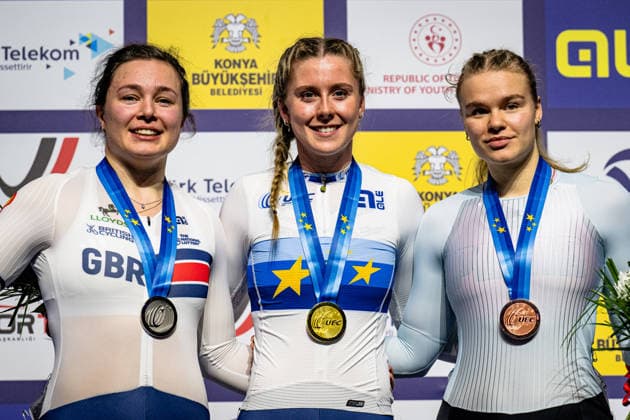 CAPEWELL Sophie, FINUCANE Emma, LYSENKO Alina: UEC Track cycling, Rad, Radsport, Bahnrad, Bahn European Championships Konya 2026 CAPEWELL Sophie ( GBR ) Great Britain Second Place - FINUCANE Emma ( GBR ) Great Britain Winner - First Place - LYSENKO Alina ( RUS ) - Russia Third Place Award Ceremony - Medal Ceremony - Podium - Querformat - quer - horizontal - Landscape - Event Veranstaltung: UEC Track Cycling European Championships 2026 - Category Kategorie: Cycling - Track Cycling European Championships - Location Ort: Asia - Türkiye - Konya - Discipline: Sprint - Category: Elite Women - Distance: ... m - Date Datum: 03.02.2026 Tuesday Day 3 -