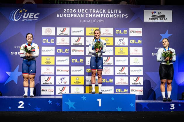 CAPEWELL Sophie, FINUCANE Emma, LYSENKO Alina: UEC Track cycling, Rad, Radsport, Bahnrad, Bahn European Championships Konya 2026 CAPEWELL Sophie ( GBR ) Great Britain Second Place - FINUCANE Emma ( GBR ) Great Britain Winner - First Place - LYSENKO Alina ( RUS ) - Russia Third Place Award Ceremony - Medal Ceremony - Podium - Querformat - quer - horizontal - Landscape - Event Veranstaltung: UEC Track Cycling European Championships 2026 - Category Kategorie: Cycling - Track Cycling European Championships - Location Ort: Asia - Türkiye - Konya - Discipline: Sprint - Category: Elite Women - Distance: ... m - Date Datum: 03.02.2026 Tuesday Day 3 -