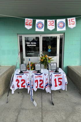 February 3, 2026, Stavely, Ab, Canada: Jerseys at a memorial outside main arena doors for three junior hockey players killed in a vehicle crash at Stavely, Alta., Feb. 3, 2026. Canada News - February 3, 2026  - ZUMAc35_ 20260203_zaf_c35_093 Copyright: xBillxGravelandx