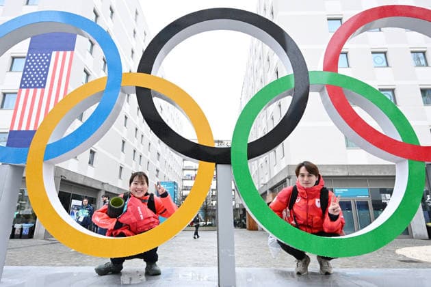 The Olympic rings General view, (L-R) Momoka Horikawa (JPN), Shane Williamson (JPN), FEBRUARY 3, 2026 - : Press preview of Athletes Village Olympic Village , during the Milano Cortina 2026 Olympic Winter games, Winterspiele,Spiele, Summer games in Milan, Italy. Noxthirdxpartyxsales  aflo_318412010