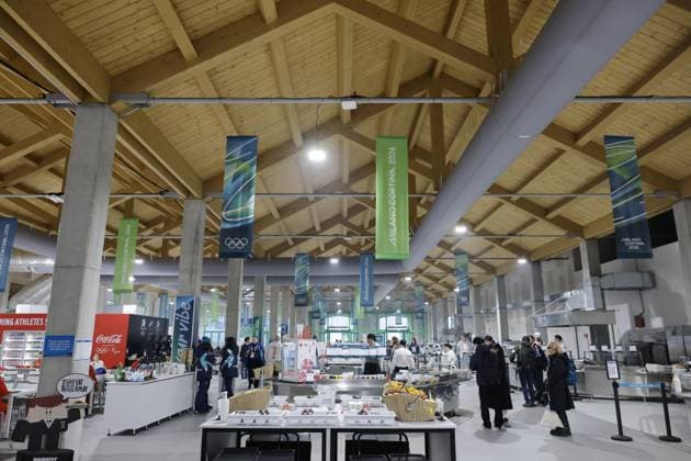 Milan Cortina Winter Olympics Photo taken on Feb. 3, 2026, shows a restaurant in the athletes village built in Milan for the Milan Cortina Winter Olympics, opening on Feb. 6.  A14AA0005243185P