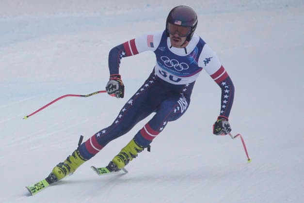 Bryce Bennett of the USA takes a practice run on the Stelvio course during the 1st official training session for the Men s downhill skiing competition at the Milano Cortina 2026 Winter Olympic Games, Olympische Spiele, Olympia, OS in Bormio, Italy, on Wednesday, February 4, 2026. The downhill medal competition will take place on Saturday, February 7, 2026.  BOR20260204916 BOBxSTRONG