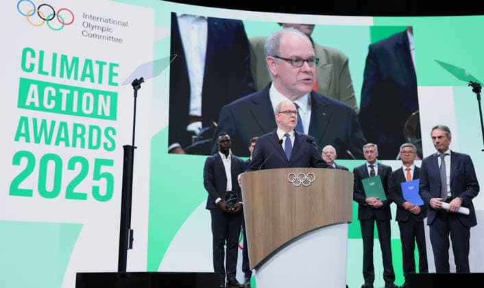 (260204) -- MILAN, Feb. 4, 2026 -- Prince Albert II of Monaco (front, L) delivers a speech during the announcement of the winners of Climate Action Awards 2025 by International Olympic Committee (IOC) ahead of the 2026 Milan-Cortina Winter Olympics, in Milan, Italy, Feb. 4, 2026. ) (MICO2026)ITALY-MILAN-IOC-CLIMATE ACTION AWARDS 2025 DuxXiaoyi 