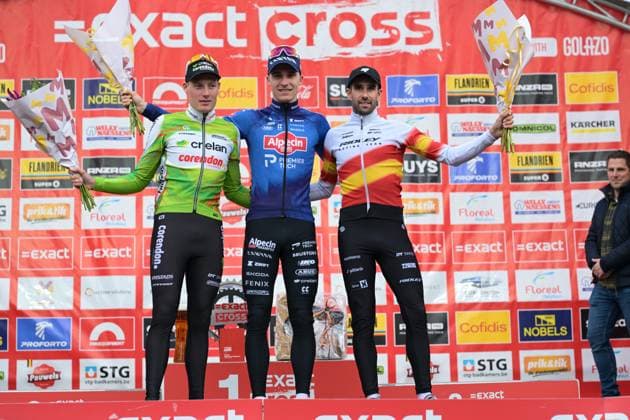 Belgian Joran Wyseure, Belgian Niels Vandeputte and Spanish Felipe Orts Lloret pictured on the podium after the men s elite race of the Parkcross cyclocross cycling event, race 6 7 in the Exact Cross competition, Wednesday 04 February 2026 in Maldegem. DAVIDxPINTENS  x161026556x
